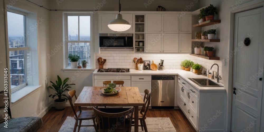 Fototapeta premium Bright kitchen features open shelves and a wooden table