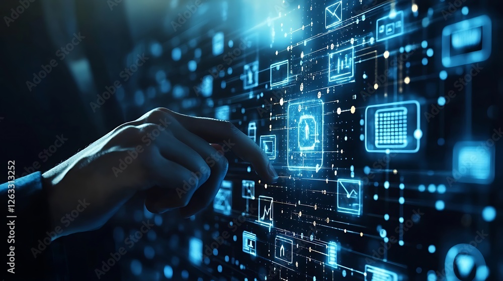 Hand interacting with a digital interface showing interconnected data and application icons. Hand interacting with a digital interface showing interconnected data and application icons.