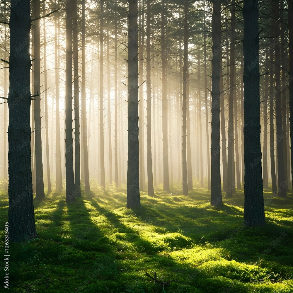 Fototapeta premium Mystical Foggy Forest with Sunlight Filtering Through Trees Peaceful Forest with Morning Rays beautiful forest natural background dynamic forest scene 4k HD high quality wallpaper background