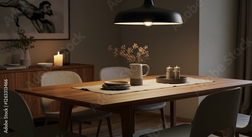 Dining Room Table Setting with Minimalist Decor and Warm Lighting