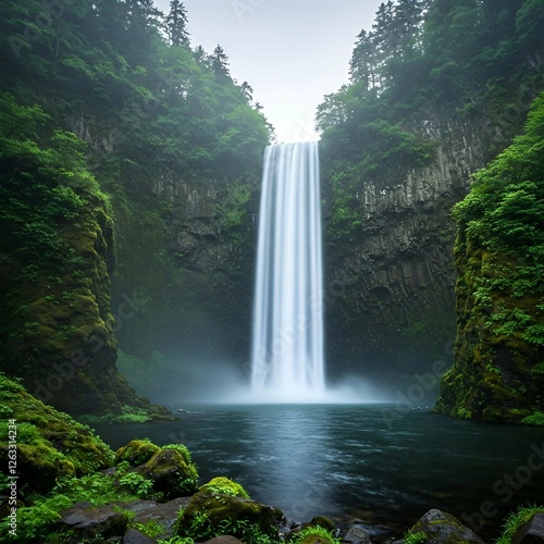 Majestic Waterfall with Mist and Lush Green Surroundings , waterfall in the mountains trees and plants 4K HD high quality wallpaper background 