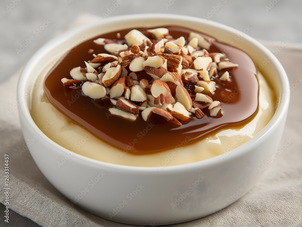 Custard dessert with caramel sauce and almonds in a white bowl Custard dessert with caramel sauce and almonds in a white bowl