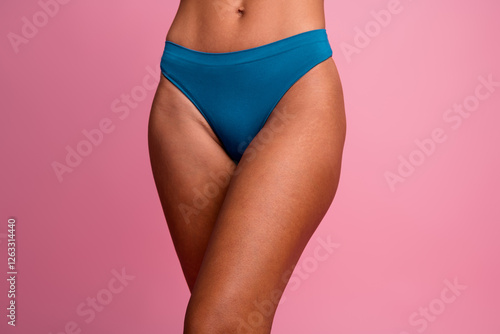 Cropped photo of lady wearing comfort panties enjoying isolated pastel color background photo