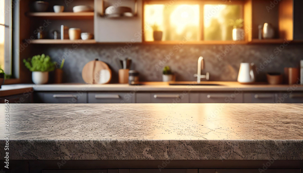 Minimalist concrete countertop with subtle texture, blurred background of a high-end modern kitchen, ideal for product display, kitchen interior, home decor, and contemporary design promotions Minimalist concrete countertop with subtle texture, blurred background of a high-end modern kitchen, ideal for product display, kitchen interior, home decor, and contemporary design promotions