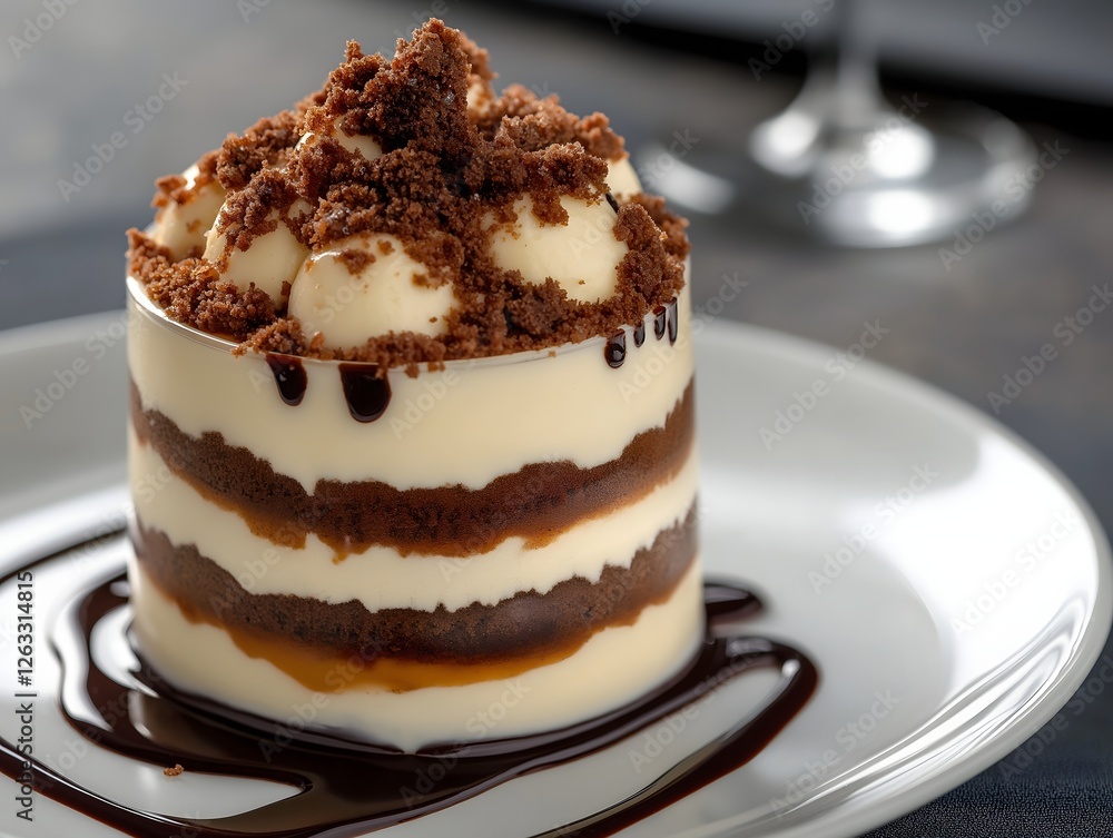 Elegant Layered Chocolate Dessert with Vanilla Cream and Crumble Topping Elegant Layered Chocolate Dessert with Vanilla Cream and Crumble Topping