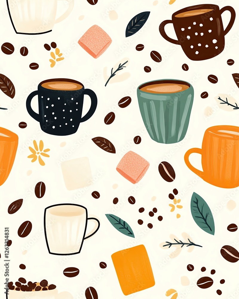 seamless pattern hand drawn illustration cute style Colorful coffee cups and beans pattern design. seamless pattern hand drawn illustration cute style Colorful coffee cups and beans pattern design.