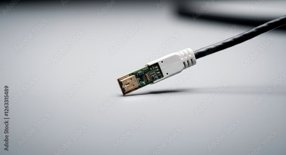 Close-up of single ethernet cable with exposed circuit on grey surface Close-up of single ethernet cable with exposed circuit on grey surface