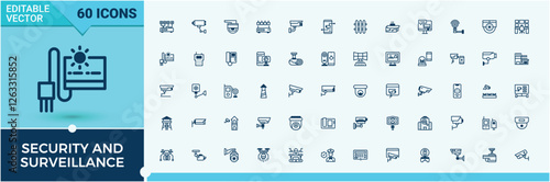 Security And Surveillance icon pack. Containing computer, camera, technology, cyber, cctv, privacy, car, secure. Icon design. Solid line editable stroke. Vector line and solid icons.