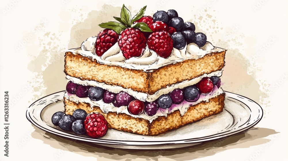 A hand-drawn image of a fluffy sponge cake layered with cream and fresh fruit, placed on a delicate china cake plate with a light background. A hand-drawn image of a fluffy sponge cake layered with cream and fresh fruit, placed on a delicate china cake plate with a light background.