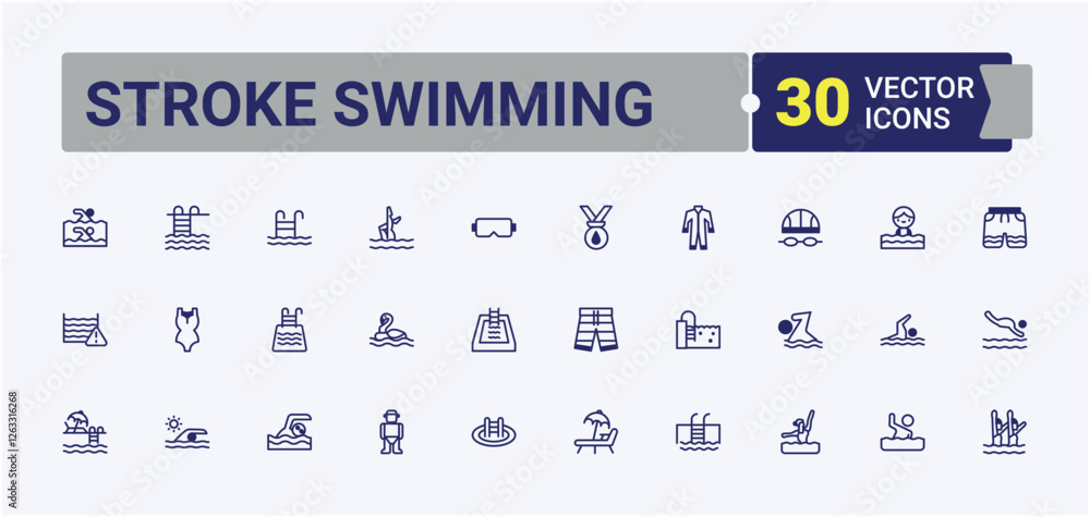Stroke Swimming icon pack. Includes thin line exercise, graphic, holiday, suit, sport and more. Flat icon design. Editable vector outline and solid icons. Stroke Swimming icon pack. Includes thin line exercise, graphic, holiday, suit, sport and more. Flat icon design. Editable vector outline and solid icons.