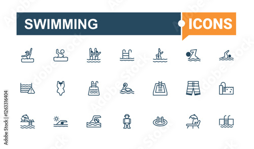 Swimming collection. Includes thin line swim, swimsuit, swimming, health, beach, exercise and more. Outline icon. Solid line editable vector illustration.