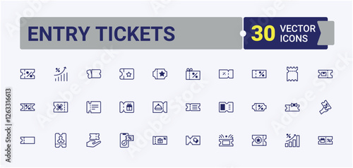 Entry Tickets icon set. Featuring business, concert, star, win, seat, entrance, offer and more. Minimal linear icons. Vector outline and solid icons collection.