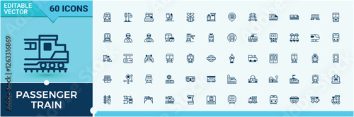 Passenger Train collection. Featuring traffic, travel, metro, railway, platform, transport, underground, tram. Thin linear style icons. Vector outline and solid icons collection.