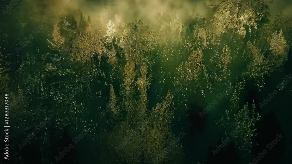 A deep forest with dense trees, where sunlight filters through the mist, creating an ethereal and magical atmosphere. . High quality 4k footage A deep forest with dense trees, where sunlight filters through the mist, creating an ethereal and magical atmosphere. . High quality 4k footage