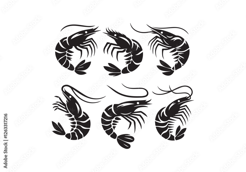 A set black and white Shrimp Silhouette Vector A set black and white Shrimp Silhouette Vector