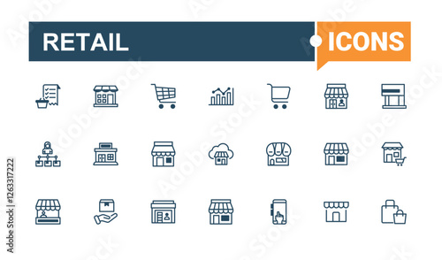 Retail lined icons set. Includes thin line deliver, graph, store, on, graphic and more. Outline icon collection. Vector outline and solid icons collection.