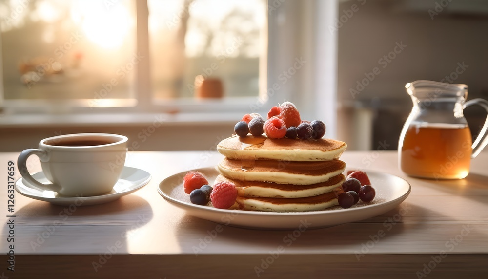 A cozy breakfast scene, a plate with pancakes, maple syrup, and fresh berries, a cup of coffee nearby, minimalist kitchen setting, soft natural light, warm tones, inviting and magical atmosphere A cozy breakfast scene, a plate with pancakes, maple syrup, and fresh berries, a cup of coffee nearby, minimalist kitchen setting, soft natural light, warm tones, inviting and magical atmosphere