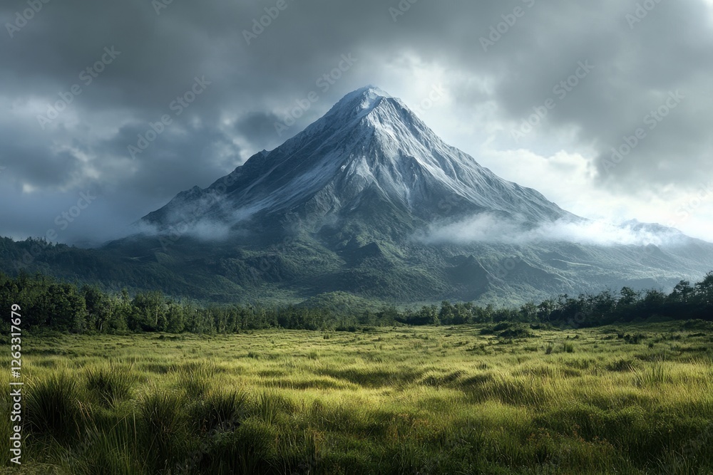 Majestic snow-capped mountain rises above lush green valley and cloudy sky in remote landscape Majestic snow-capped mountain rises above lush green valley and cloudy sky in remote landscape