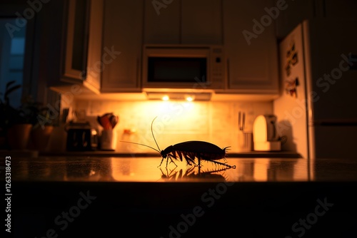 Kitchen Cockroach at Night: A large cockroach is silhouetted against the warm glow of kitchen lights, creating a dramatic and unsettling image.  The scene is set at night.
