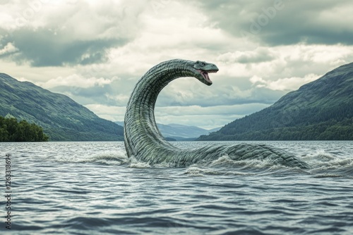 Long-necked sauropod swims in lake photo