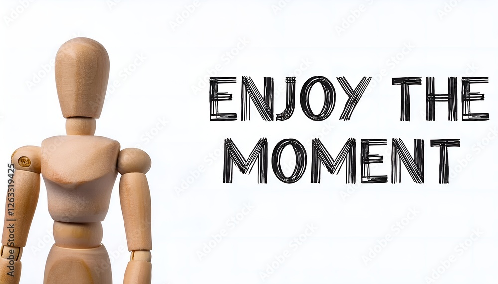 Wooden mannequin with the text Enjoy the Moment isolated on white background. Ideal for mindfulness, relaxation, and inspirational themes. Wooden mannequin with the text Enjoy the Moment isolated on white background. Ideal for mindfulness, relaxation, and inspirational themes.