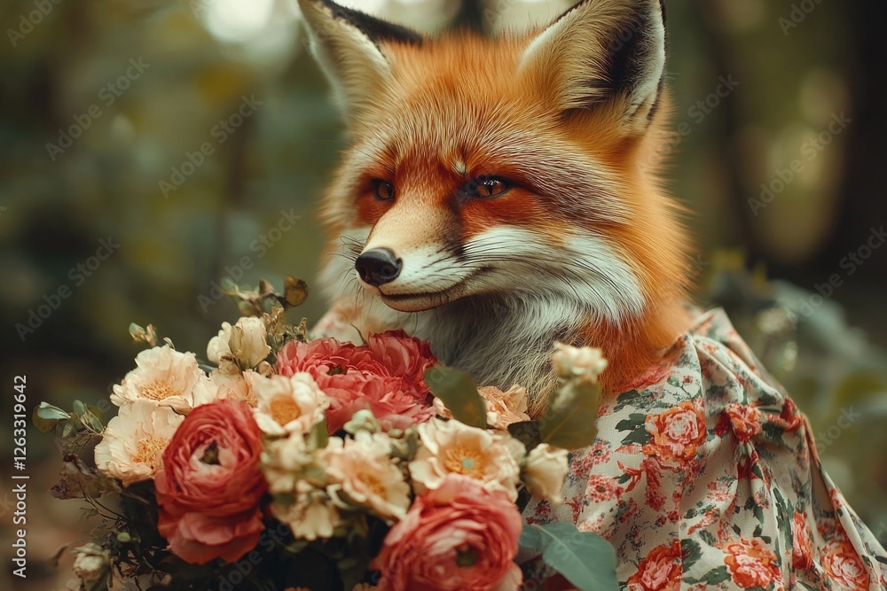 Naklejka premium Fox with Flowers Close Up