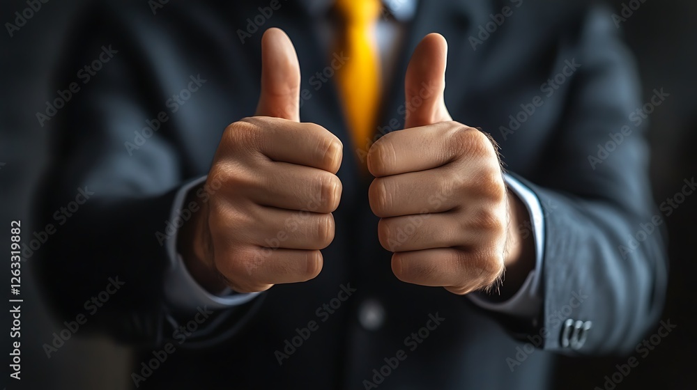 Close-up of businessman's hands showing thumbs up, signifying approval or success.