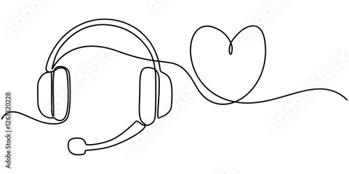 A minimalist illustration of heart-shaped headphones rendered in a single continuous line on a white backdrop, Abstract headphones with heart as continuous lines drawing on white background. Vector