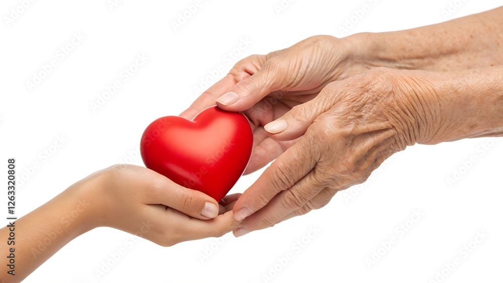 Close-up of elderly and young hands passing a red heart, representing love, kindness, support, and generational connection. Symbol of charity, care, and emotional warmth on a white background. Close-up of elderly and young hands passing a red heart, representing love, kindness, support, and generational connection. Symbol of charity, care, and emotional warmth on a white background.