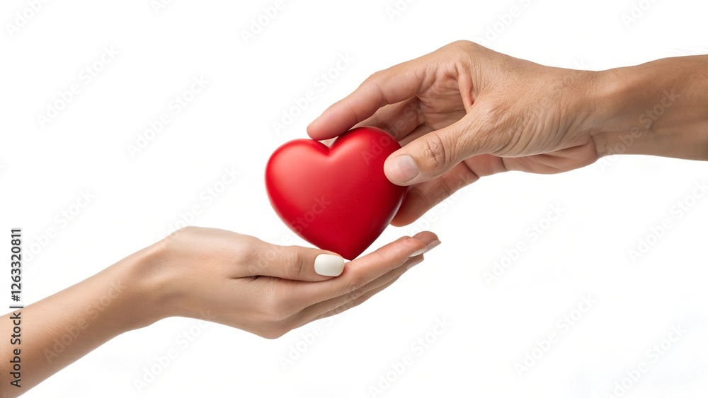 Two adult hands exchanging a red heart, symbolizing love, kindness, and generosity. Concept of emotional support, relationships, and giving on a white background.
Two adult hands exchanging a red heart, symbolizing love, kindness, and generosity. Concept of emotional support, relationships, and giving on a white background.