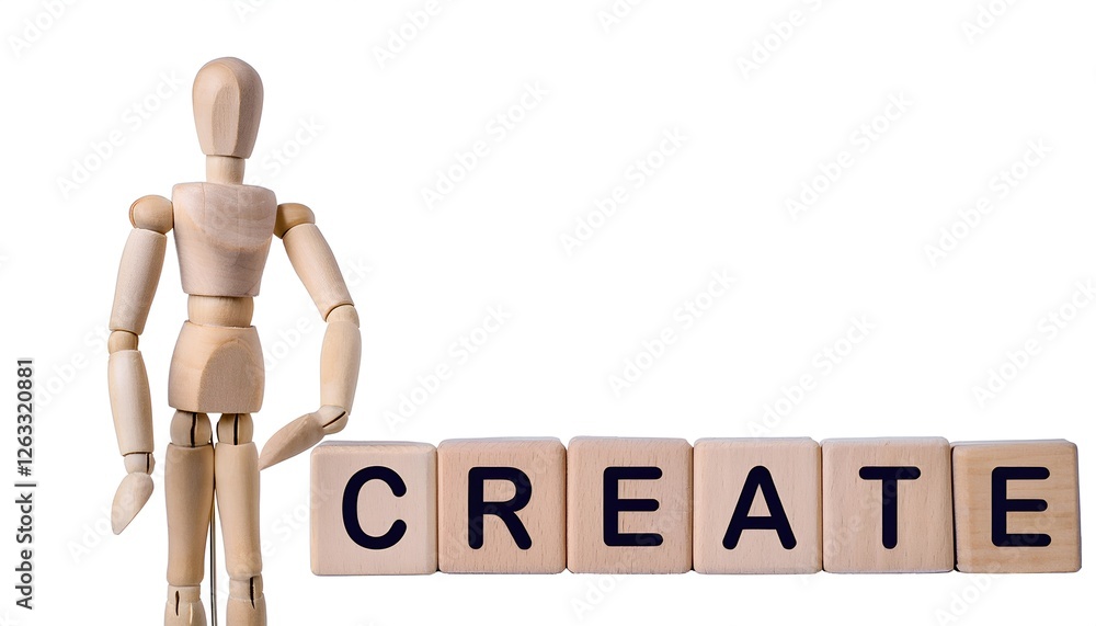 Wooden mannequin with the word Create isolated on white background. Perfect for creativity, innovation, and inspirational themes. Wooden mannequin with the word Create isolated on white background. Perfect for creativity, innovation, and inspirational themes.