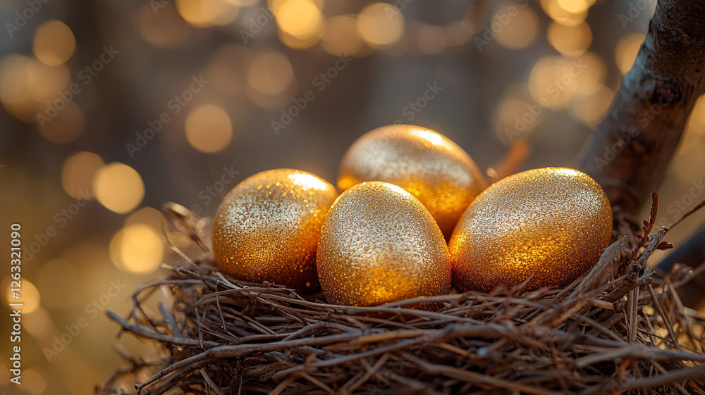 Easter golden eggs in a straw nest. Easter card. Easter golden eggs in a straw nest. Easter card.