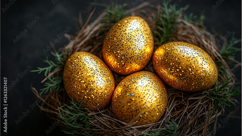 Easter golden eggs in a straw nest. Easter card. Easter golden eggs in a straw nest. Easter card.