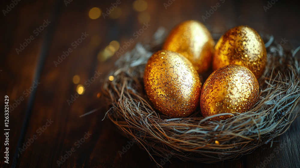 Easter golden eggs in a straw nest. Easter card. Easter golden eggs in a straw nest. Easter card.