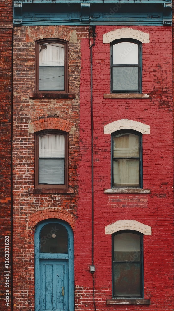 Fototapeta premium Red brick building, urban, city, windows, door, facade, architecture, real estate