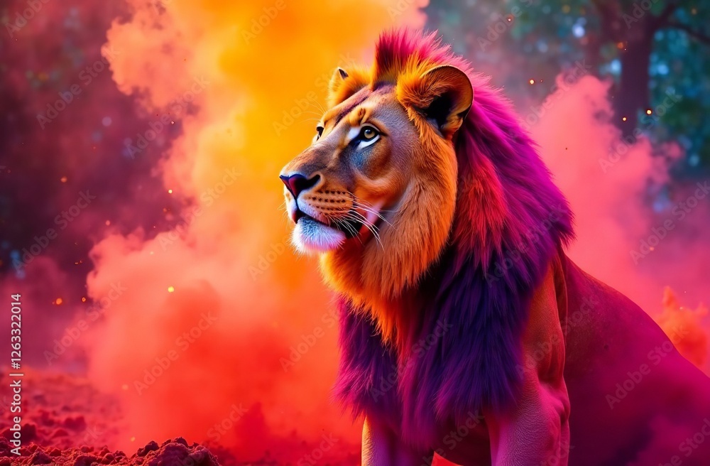 Fototapeta premium Animal lion sprayed colorful colors holi, Indian spring festival. AI Generative