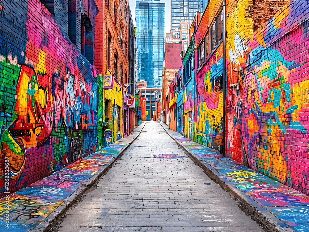 Fototapeta premium A vibrant urban alley covered in colorful graffiti art