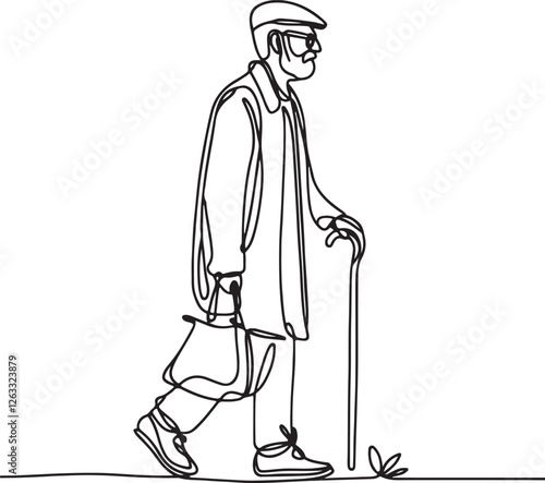 Line Art of Old Man Walking with a Cane