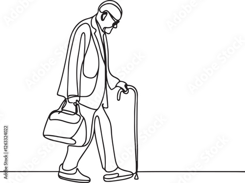 Line Art of Old Man Walking with a Cane