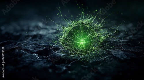 Close-up view of emerging jadegreen points breaking through dark cracks in an abstract conceptual environment