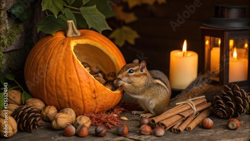 Chipmunk feasting on nuts from a carved pumpkin in a cozy autumn setting photo