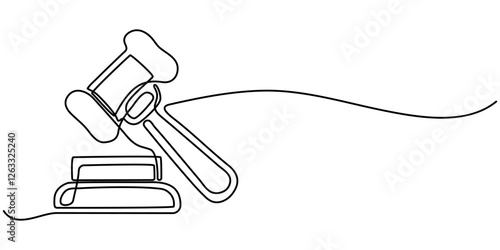 continuous one line drawing of law vJudge's gavel continuous one line drawing minimalism design isolated on white background ector,  A judge hammer is drawn by a single line on a white background. 