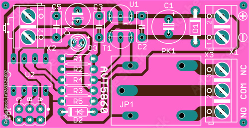 Vector printed circuit board of electronic 
device with components of radio elements, 
conductors and contact pads placed on pcb. 
Engineering computer technical drawing.