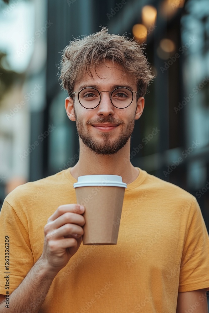 man holding paper coffee cup outdoors with space for a text man holding paper coffee cup outdoors with space for a text