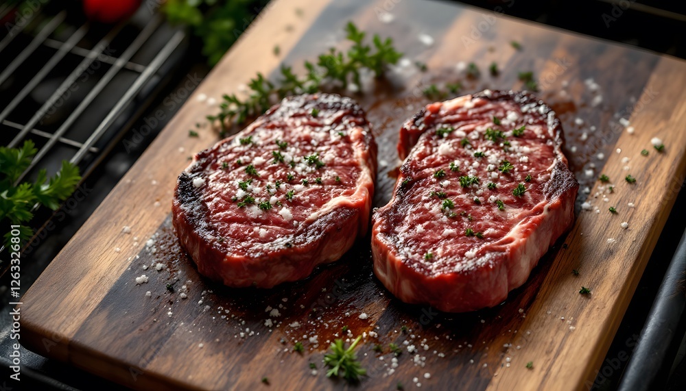 Juicy Grilled Steak on Wooden Board Juicy Grilled Steak on Wooden Board