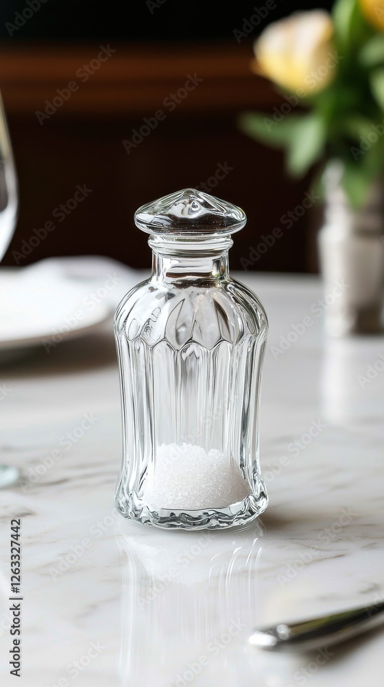 Elegant Glass Salt Shaker on Dining Table with Flowers in Background Elegant Glass Salt Shaker on Dining Table with Flowers in Background