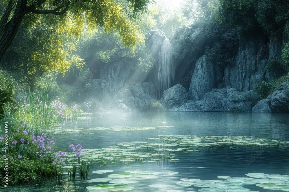 Fototapeta premium Tranquil water landscape with sunlight filtering through lush greenery in a serene setting