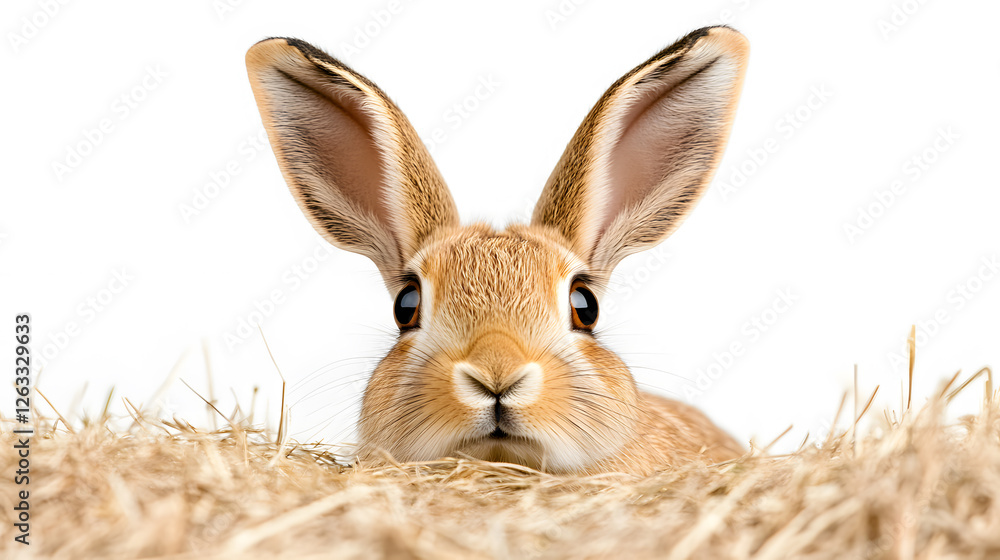 Obraz premium Hare portrait in straw - close up of a wild European Hare (Lepus europaeus) with long ears, brown fur, and dark eyes. The hare is surrounded by straw.
