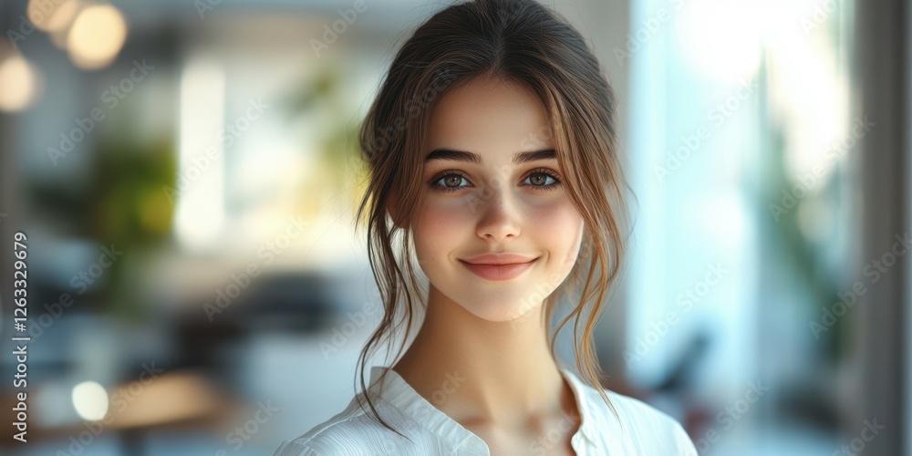 Young woman with a radiant smile in a modern, well-lit indoor space while enjoying a moment of tranquility Young woman with a radiant smile in a modern, well-lit indoor space while enjoying a moment of tranquility