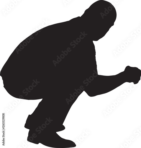 vector; silhouette of a side view of  man squatting and looking at camera
